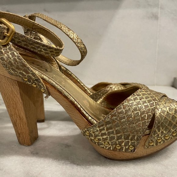 Prada Gold Python Studded Wood Sandal EURO Size 39 or US 8 - Picture 3 of 9